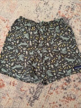 Patagonia Black Swim Shorts with Green & Yellow Alligator Print